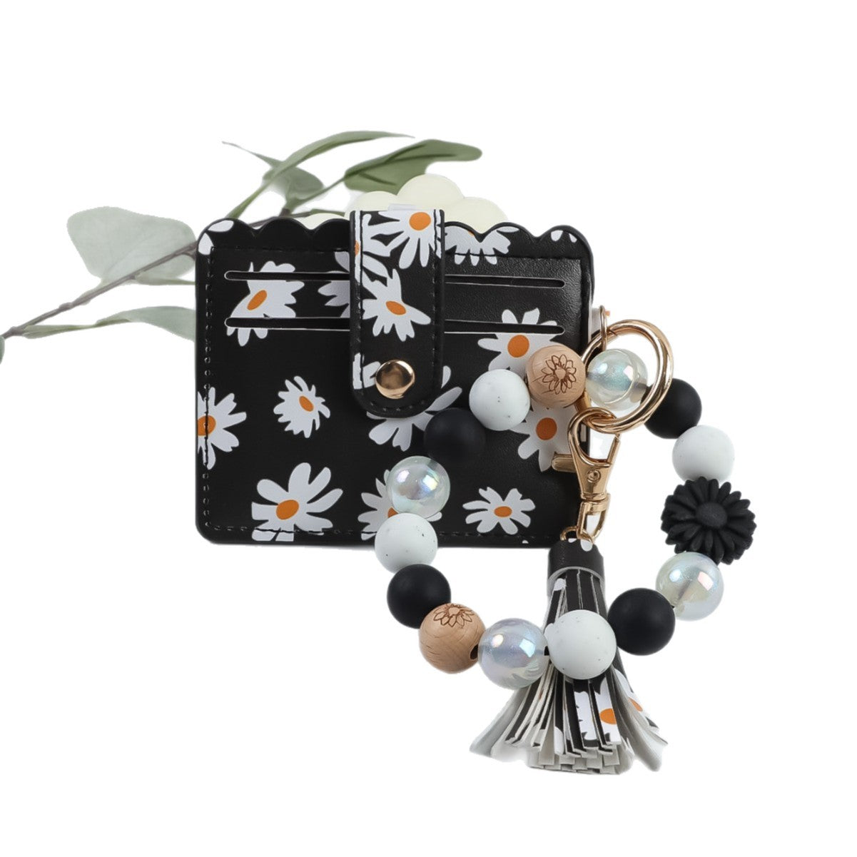 Wholesale Cute  Print Beaded Bracelet Keychain PU Leather Tassel Card Holder Pendant